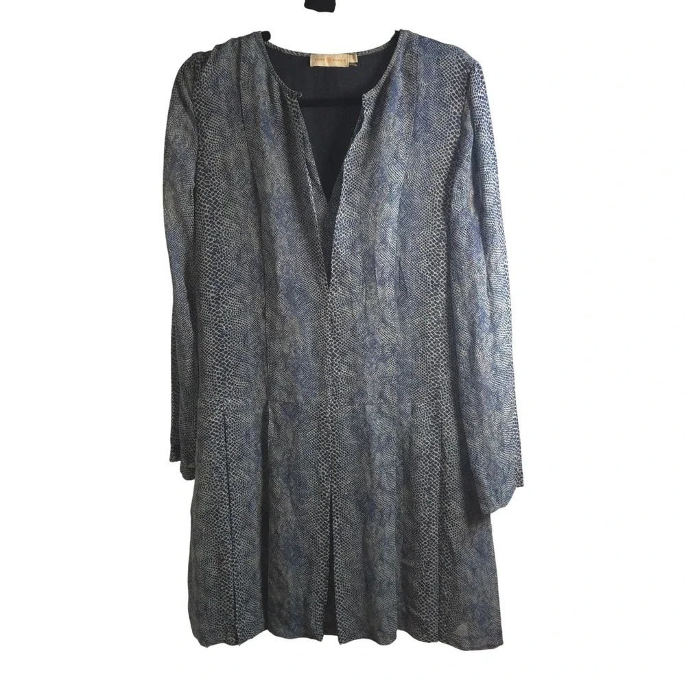 Tory Burch 10 Blue Silk Snakeskin Print Long Sleeve Shift‎ Dress Minimalist Work